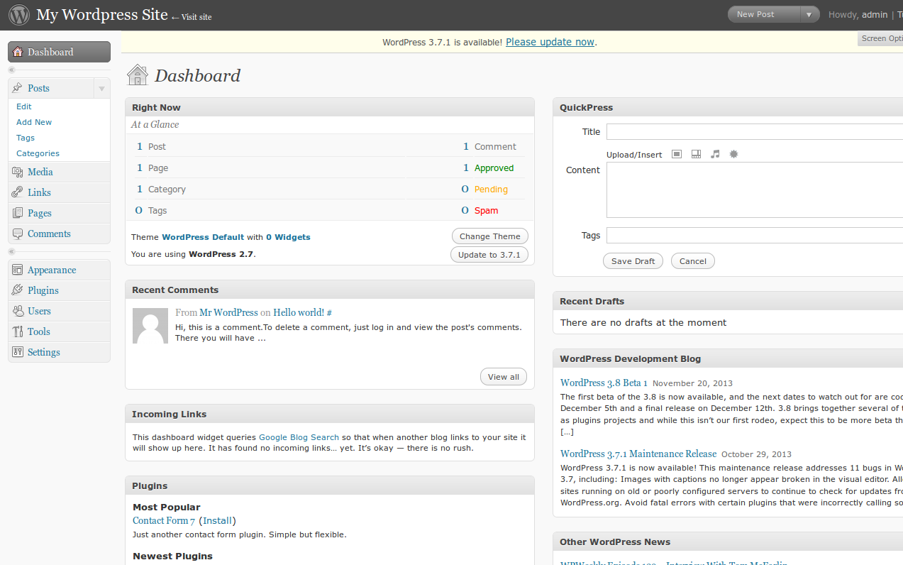 WordPress 2.7 Coltrane introduces the modern Admin.